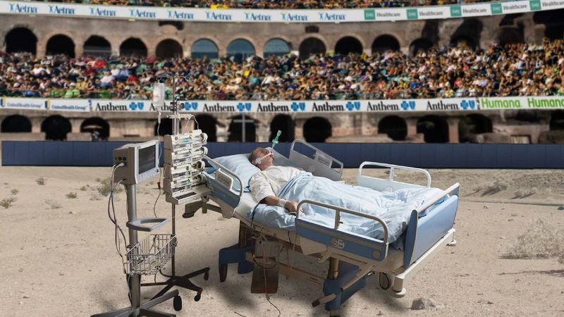 Delighted Health Insurance Executives Gather In Outdoor Coliseum To Watch Patient Battle Cancer