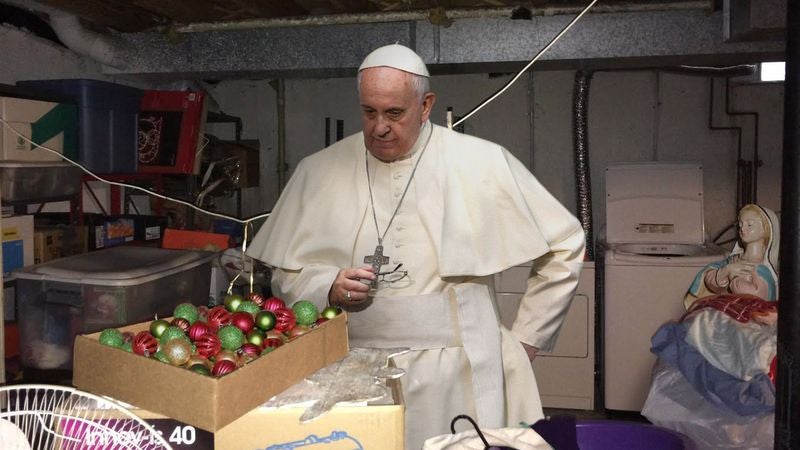 Pope Rummaging Through Vatican Basement For Plastic Nativity Scene Figures