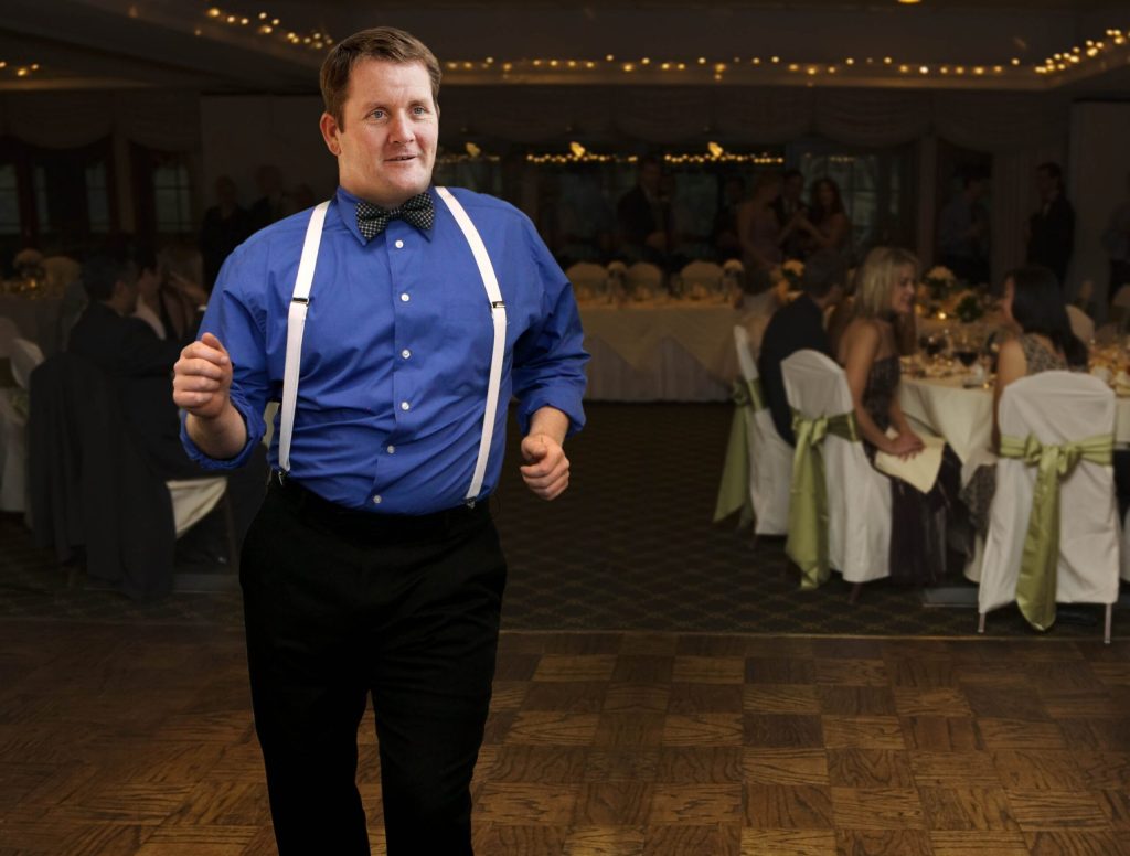 Wedding Guest In Suspenders, Bow Tie Unafraid To Take Dance Floor