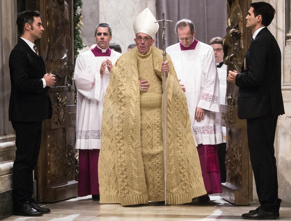 Pope Francis Wearing Sweater Vestments He Got For Christmas