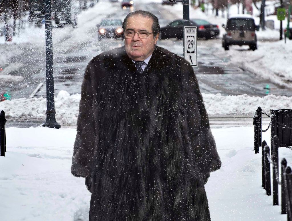 Scalia Bundles Up In Fur Robe In Preparation For D.C. Blizzard