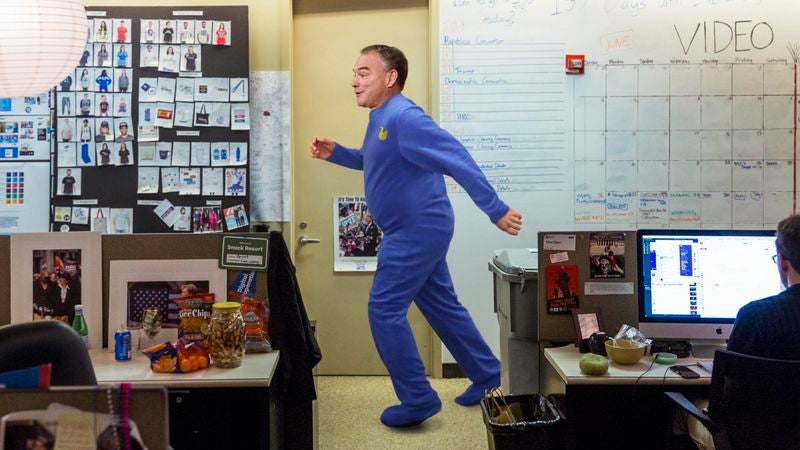 Wound-Up Tim Kaine Running Around Clinton Campaign Headquarters In Pajamas