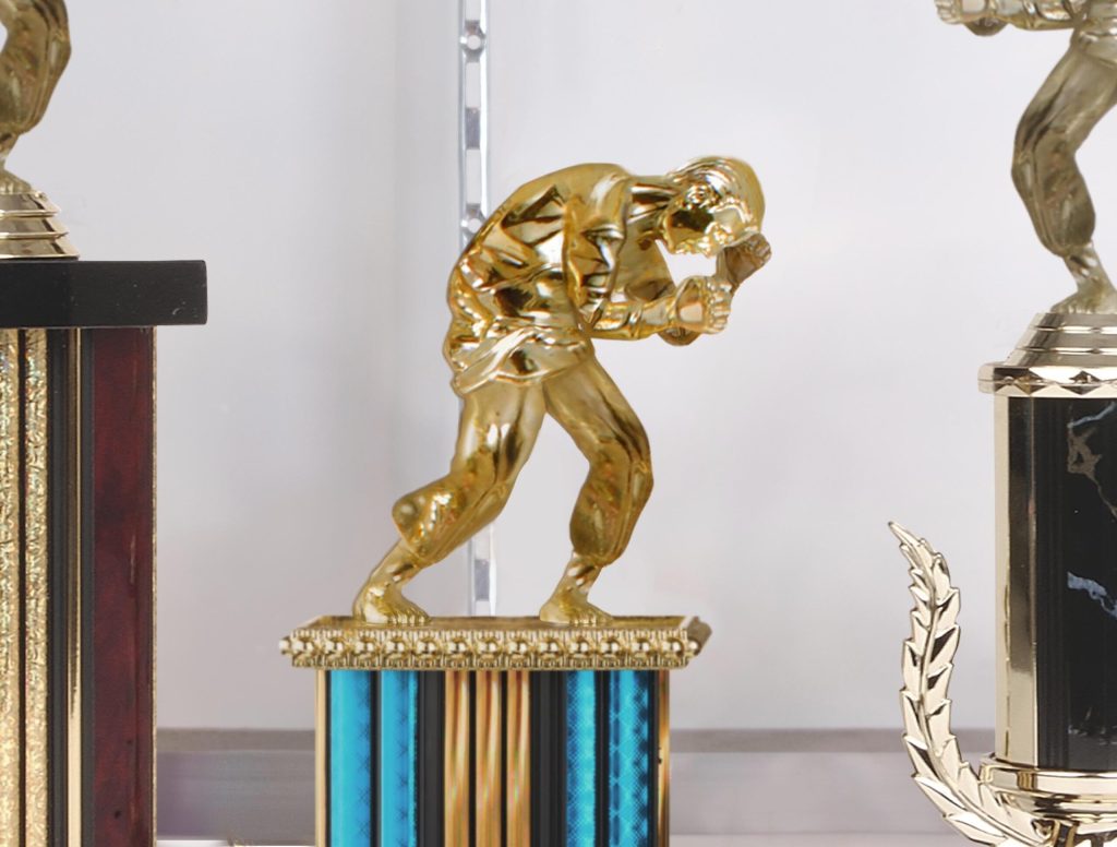 Little Karate Figures On Top Of Local Dojo’s Trophies All Cowering In Fear