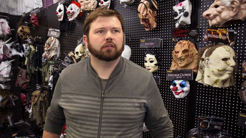 All-Business Adult In Halloween Shop Beelines It Straight For Pinhead Mask