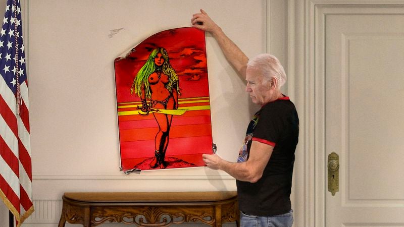 Tearful Biden Carefully Takes Down Blacklight Poster Of Topless Barbarian Chick From Office Wall