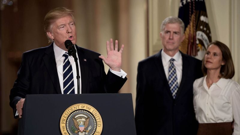 Trump Hails Gorsuch As Fierce Protector Of Future Amendment Allowing President To Temporarily Suspend Right To Assemble