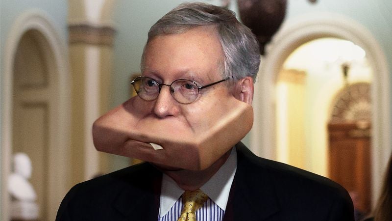 Panicking Mitch McConnell Shoves Entire Senate Healthcare Bill Into Mouth As Democrat Walks Past