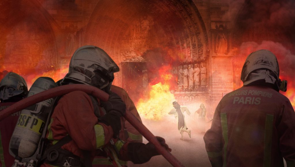 Jesus Christ Pushes Past Firefighter Into Burning Notre Dame To Save Beloved Relic