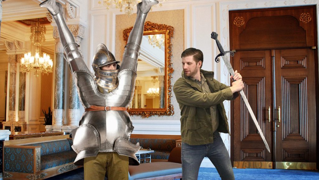 ‘Hold Still,’ Says Eric Trump Swinging Sword At Don Jr. Trapped Inside Knight’s Armor