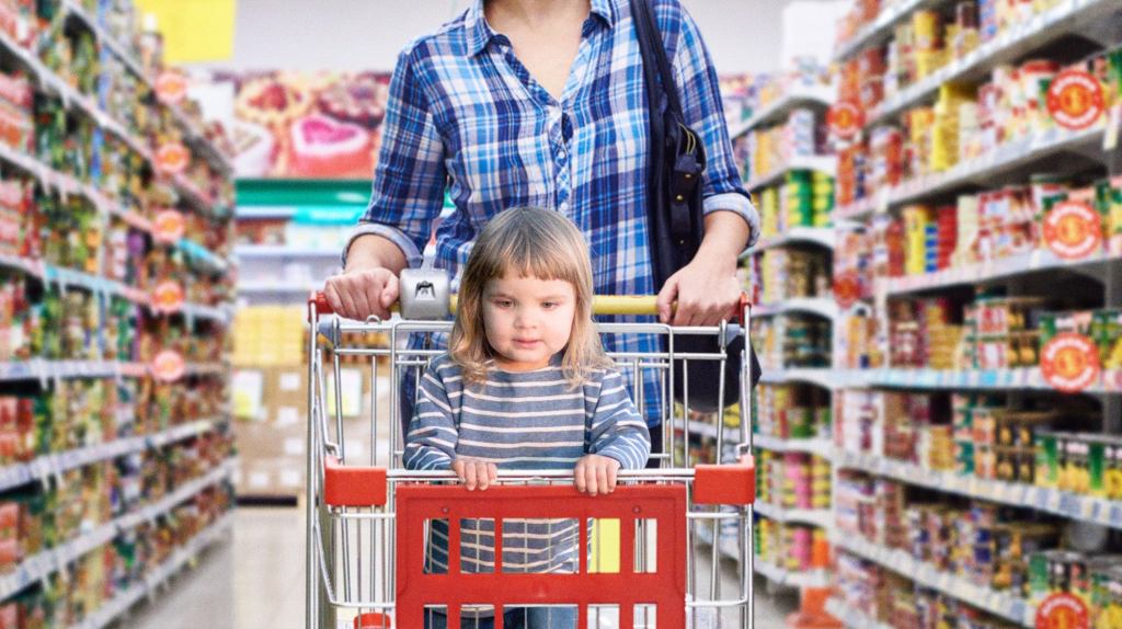 Toddler Standing Up In Shopping Cart Surveys Grocery Store Like Grizzled Sea Captain On Whaling Expedition