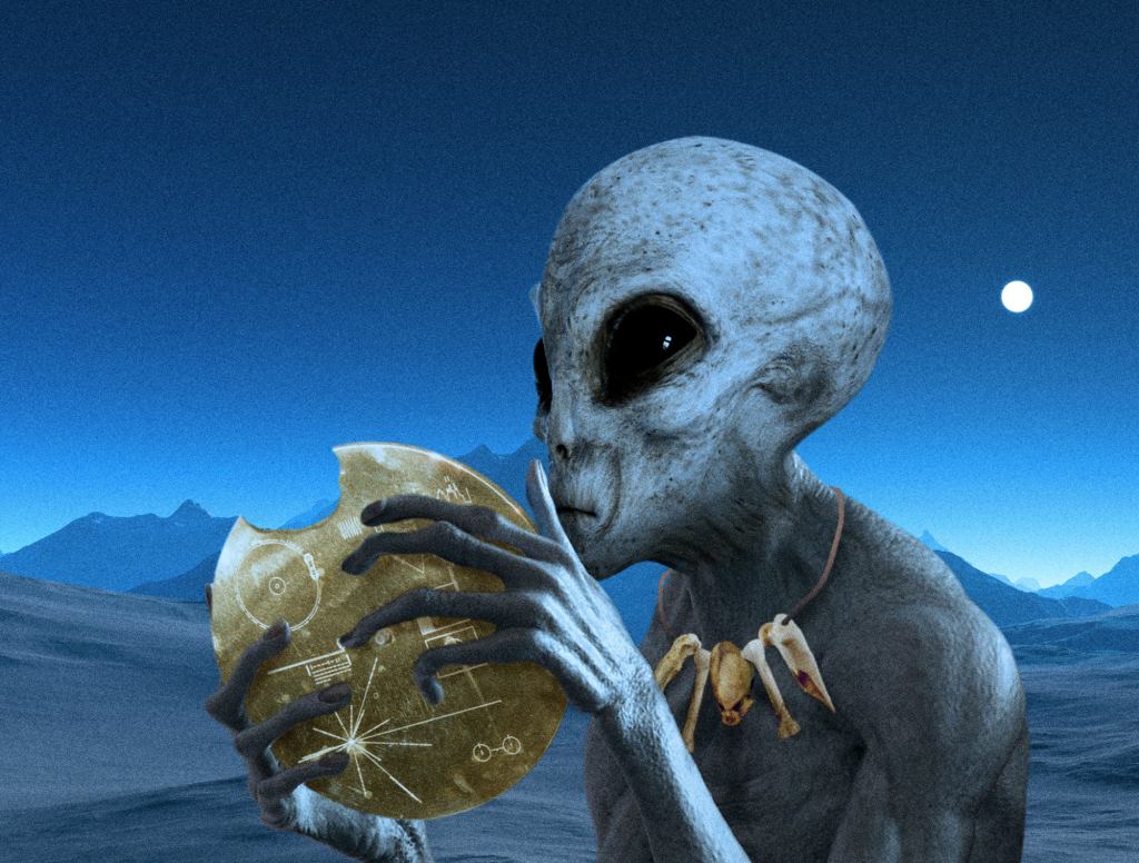 Confused Primitive Extraterrestrial Shrugs, Take Huge Bite Of Golden Record