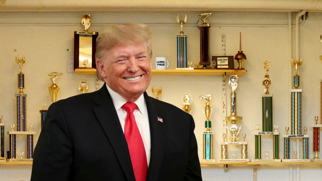 ‘And These Are My Nobel Peace Prizes,’ Says Trump, Gesturing Toward Room Of Plastic Trophies