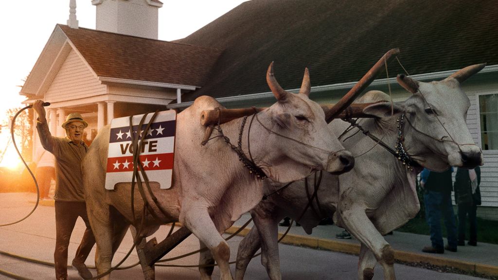 Nation’s Poll Workers Whip Teams Of Oxen Pulling Wooden Gears To Process Ballots