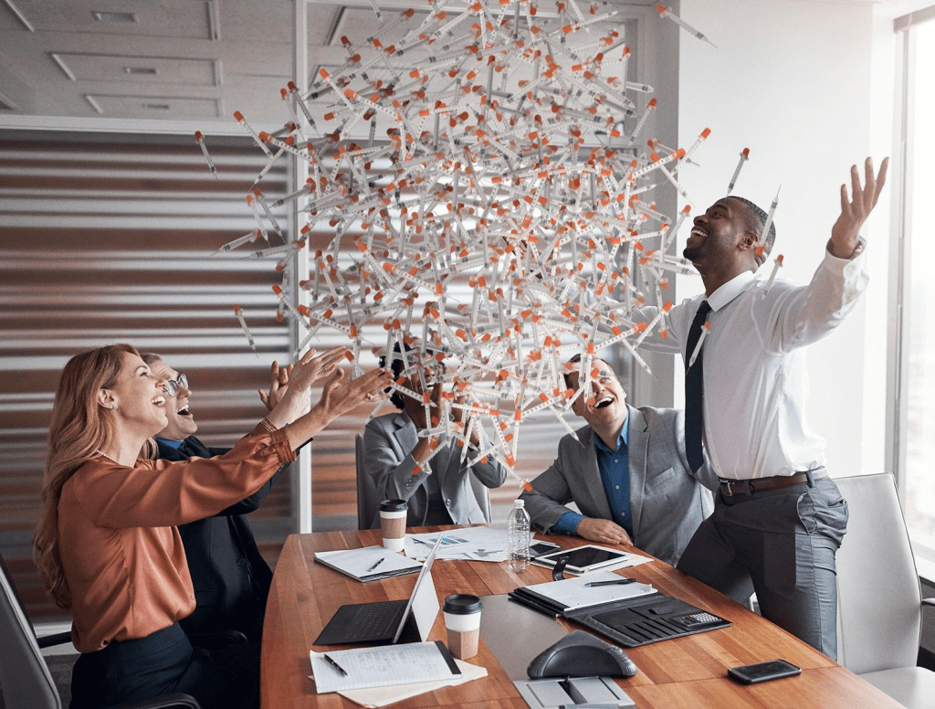 Needles Rain From Ceiling Of FDA Headquarters In Celebration Of Vaccine Approval