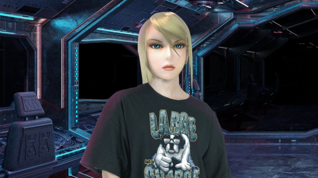 A New Look: The Dry Cleaner Lost Samus’s Suit So Now She’s Wearing Mesh Shorts And A Big Dogs XXL T-Shirt