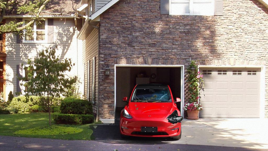 Homeowner Shoos Away Feral Driverless Car Rooting Around Garage