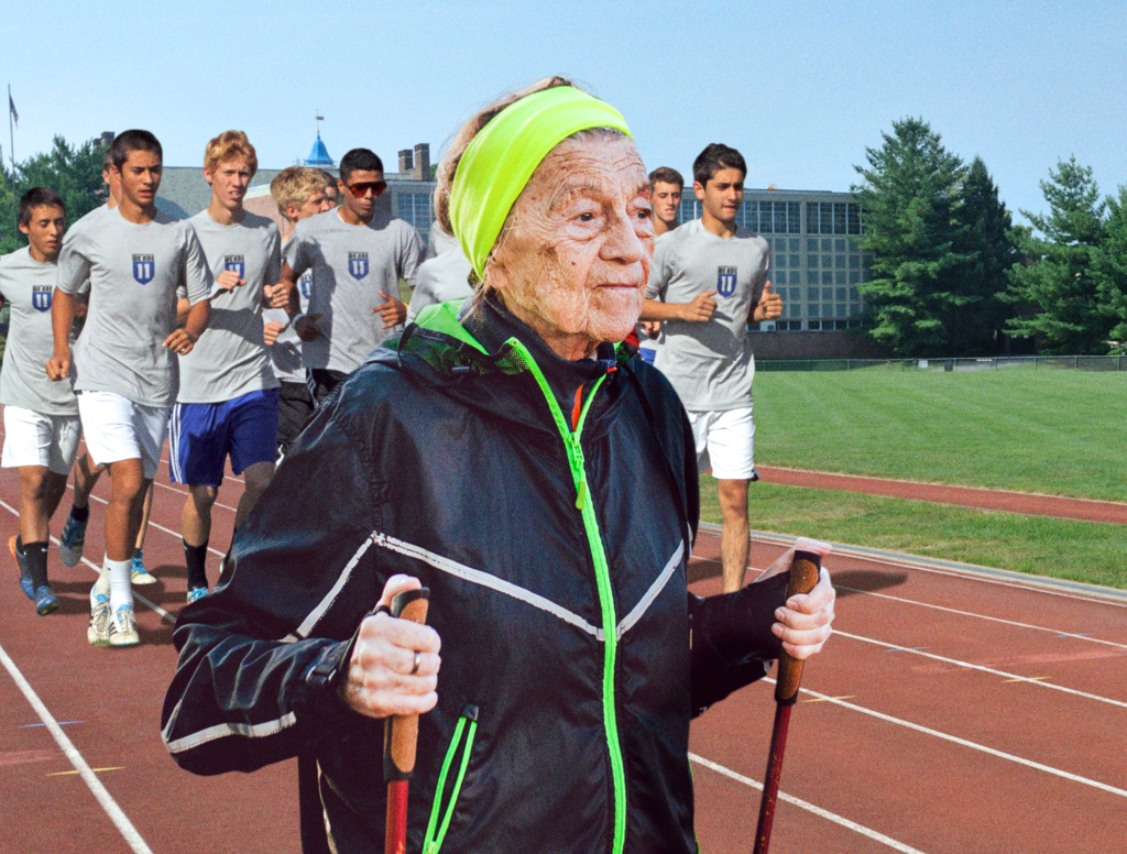 Senior Citizen Power Walking On Track Could Give A Fuck It’s Football Practice