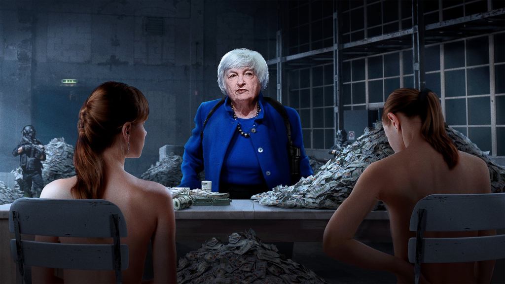 Janet Yellen Surveys Warehouse Of Topless Women Sorting Out U.S. Treasury Cash