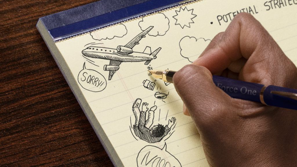 Bored Kamala Harris Doodles Cartoon Of Refugee Being Thrown Out Of Airplane In Margin Of Notes