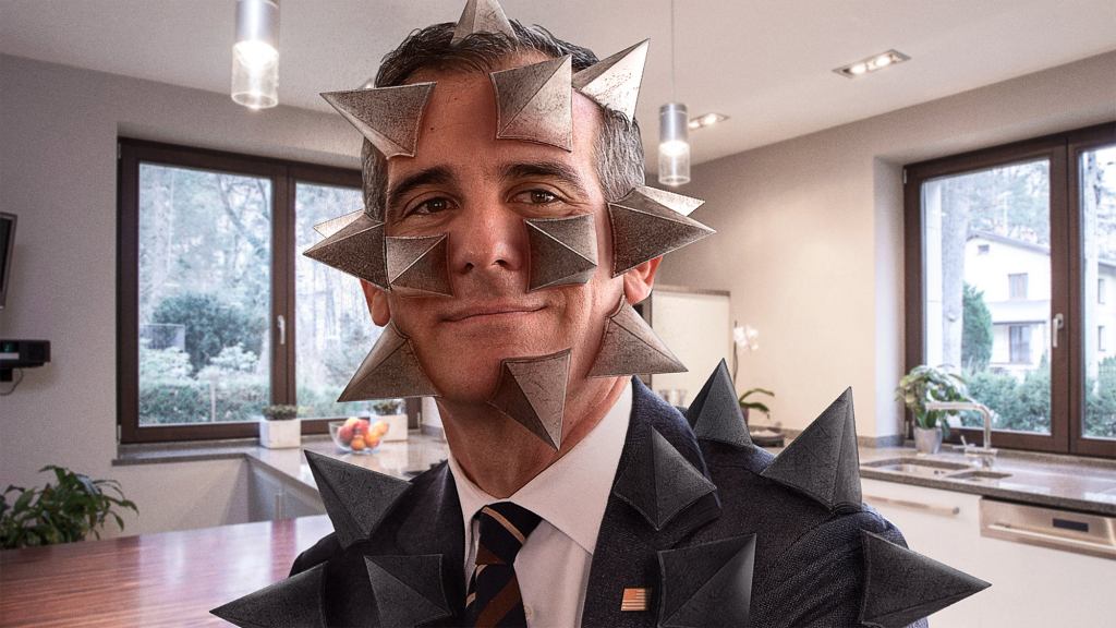 Increasingly Unhinged Eric Garcetti Covers Own Body With Metal Spikes To Prevent Homeless People From Sleeping On Him