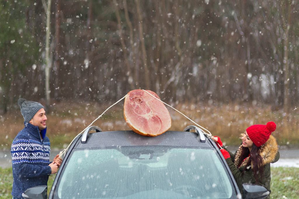 Christmas Ham Strapped To Roof Of Car