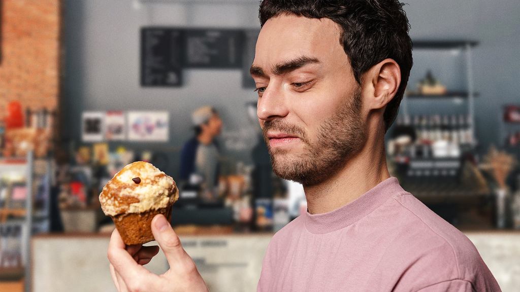 Man Reflecting On Where He Went Wrong In Life To Deserve Worst-Looking Chocolate Chip Muffin At Coffee Shop