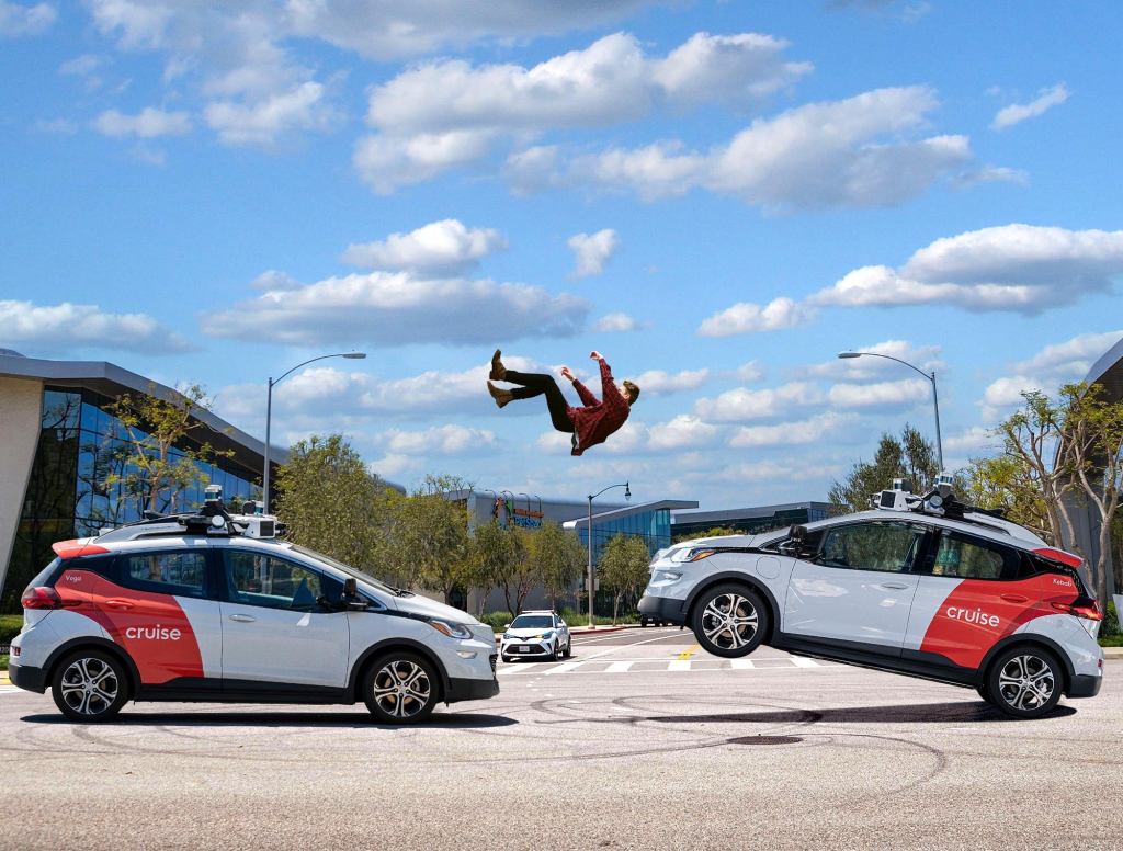 Group Of Driverless Cars Bounce Pedestrian Between Them