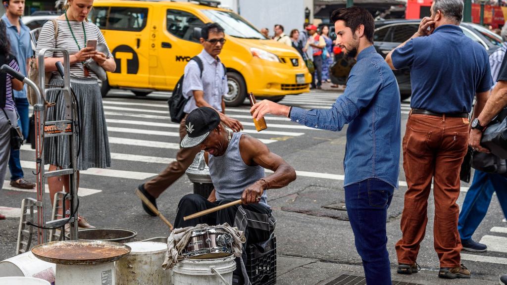 Drunk Man On Street Corner Begging To Be Bucket Drummer’s Manager