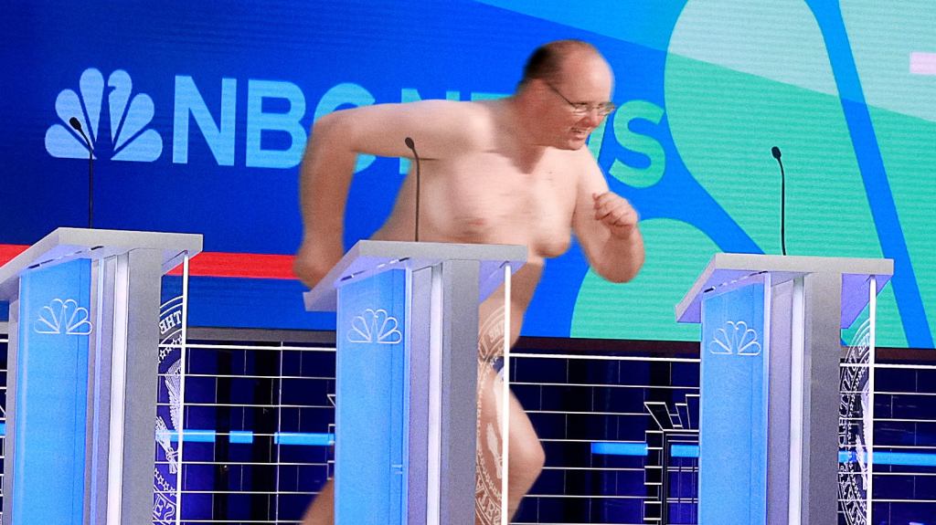 Candidates Spend GOP Debate Trying To Hog-Tie Greased-Up Nude Man Representing Woke Mind Virus