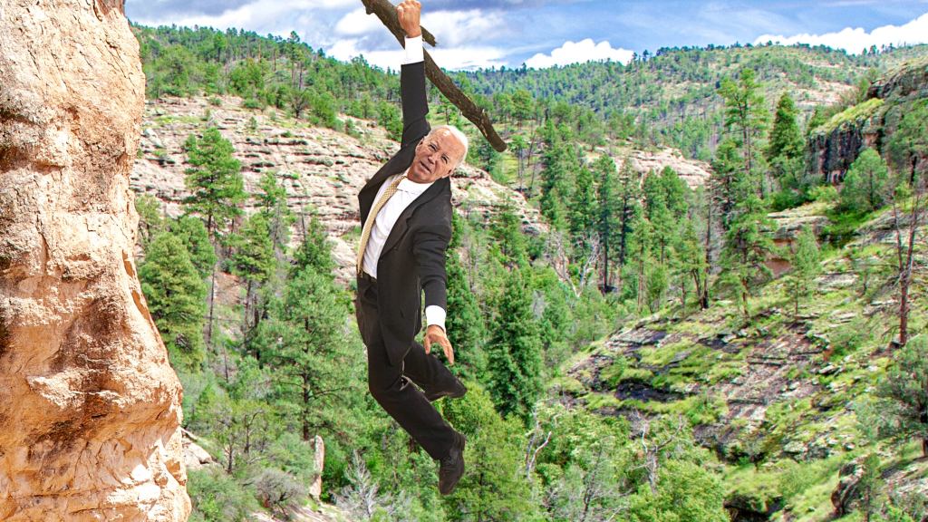 Biden Addresses Nation While Hanging From Branch On Side Of Cliff