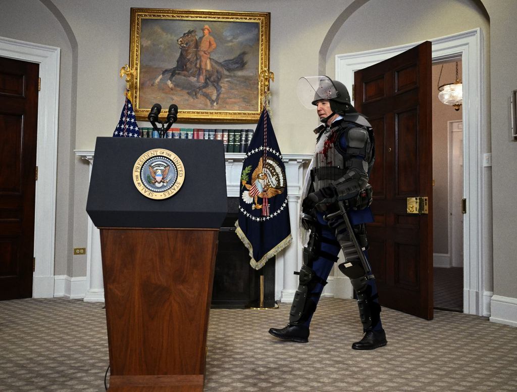 ‘Sorry I’m Late—These Protesters Were A Nightmare,’ Says Blood-Splattered, Riot-Gear-Clad Biden Entering Press Conference