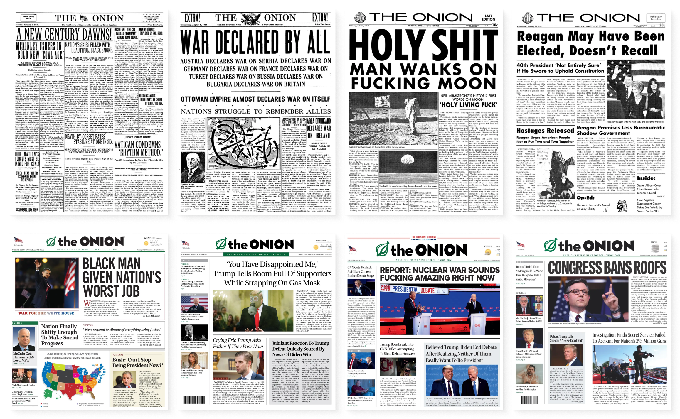 Historical front pages from The Onion's historical archive.